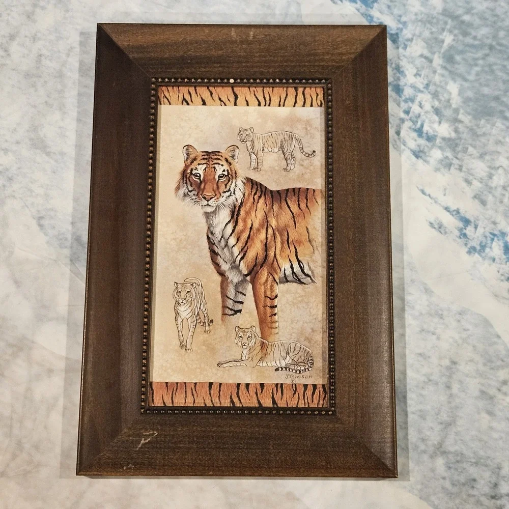 Safari Animal Wall Art Set Tiger Lion Framed Prints J Gibson Rustic‎ Decor